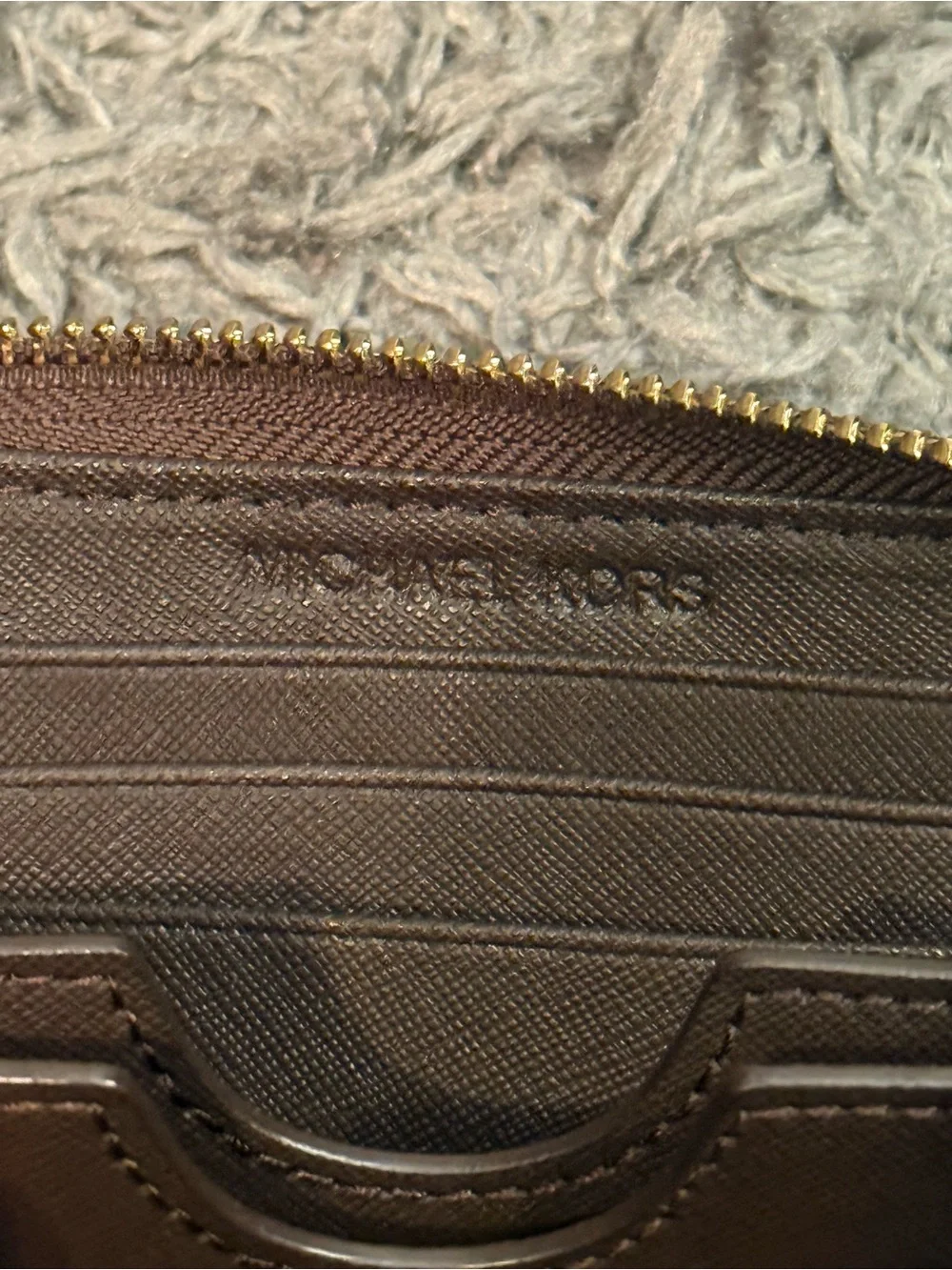 Michael Kors Dark Brown Saffiano Zip Card Holder with Gold Plaque